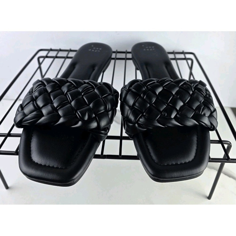 A New Day Slide Sandals Womens 10 Black Braided Woven Square Toe Flat Slip On - Picture 2 of 8